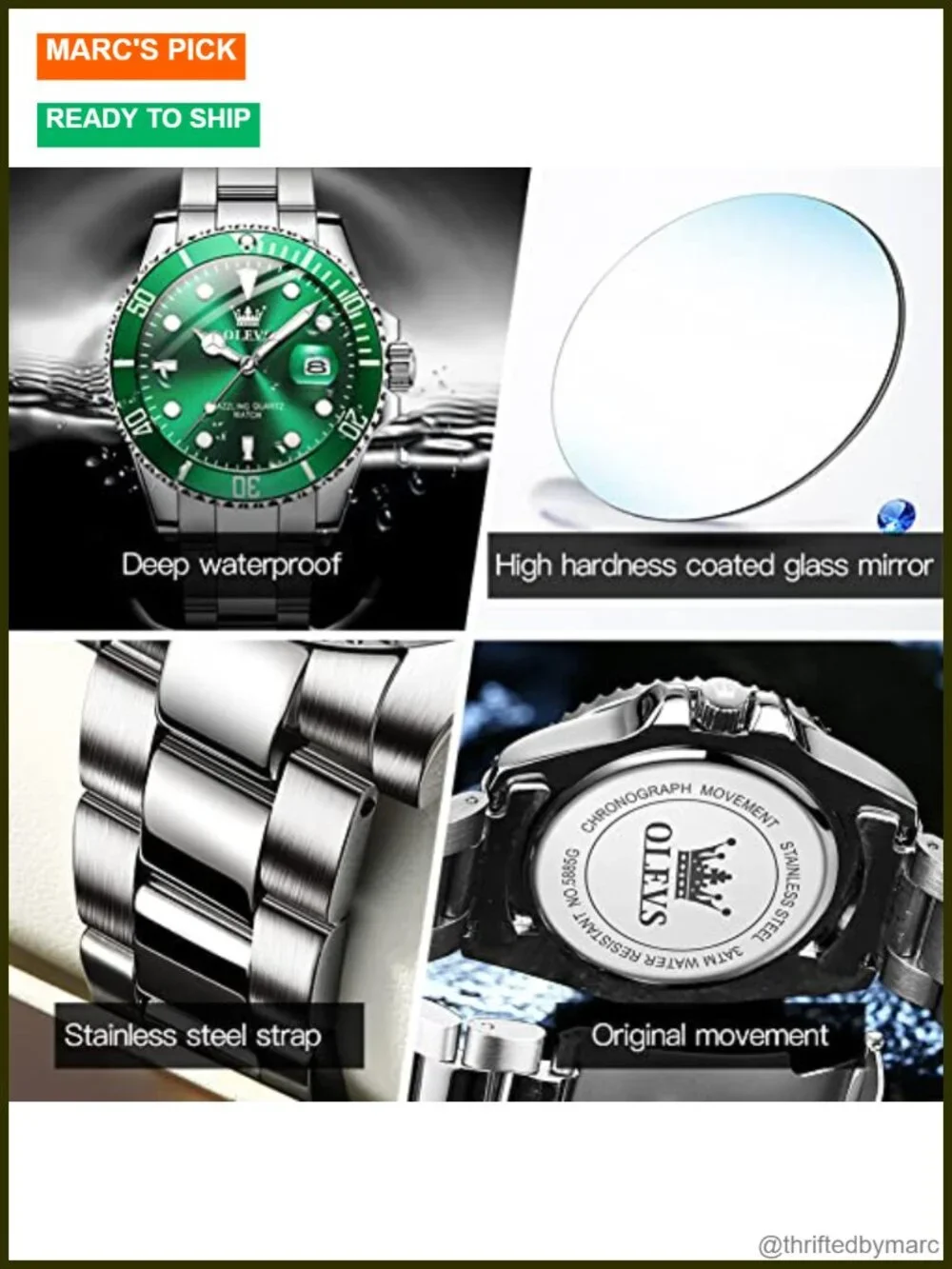 Quartz Analog Watch with Stainless Steel Strap, Luminous Hands, Date Display